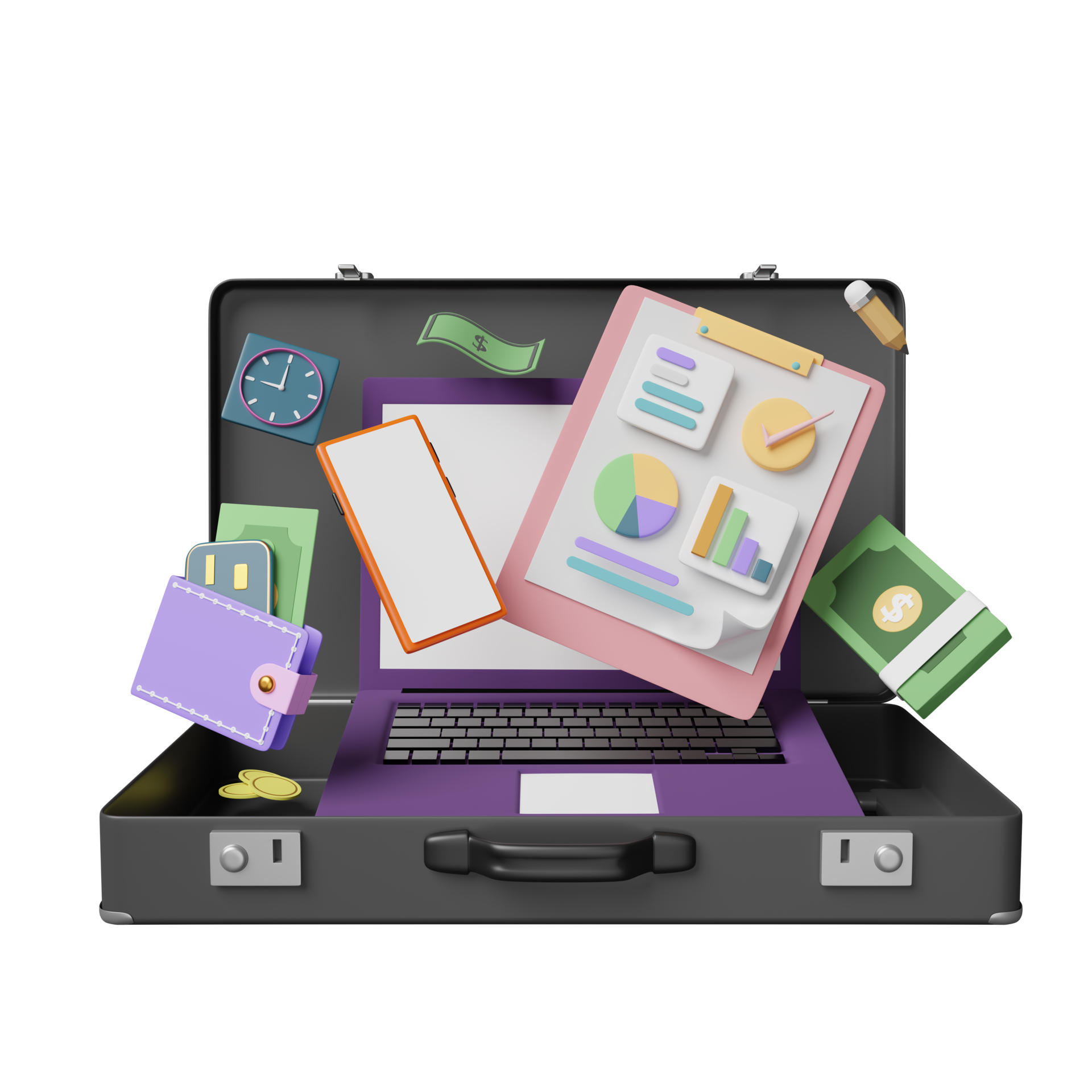 briefcase with analysis business financial data, white clipboard