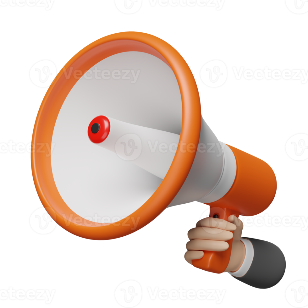 3d businessman hands holding orange megaphone or hand speaker isolated. online marketing shopping, promotion news for social media networks concept, 3d render illustration png