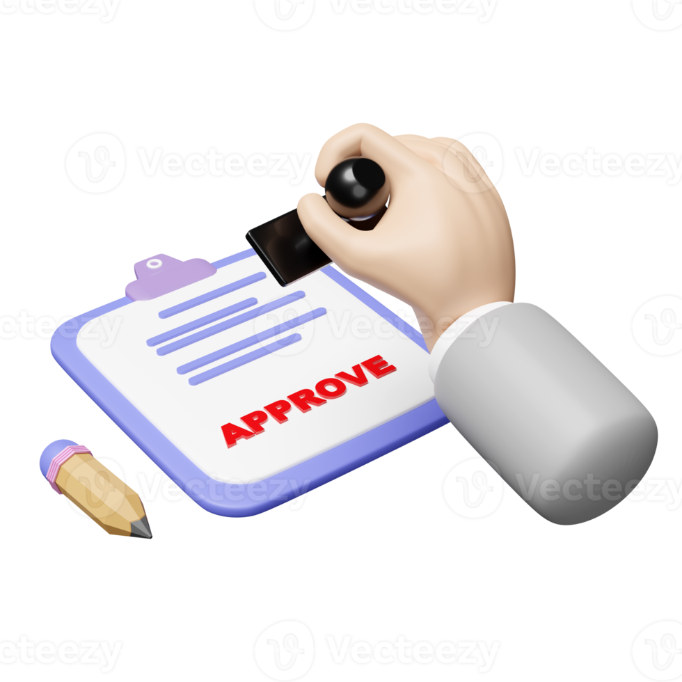 businessman using square rubber approved stamp with clipboard, checklist isolated. 3d illustration render png