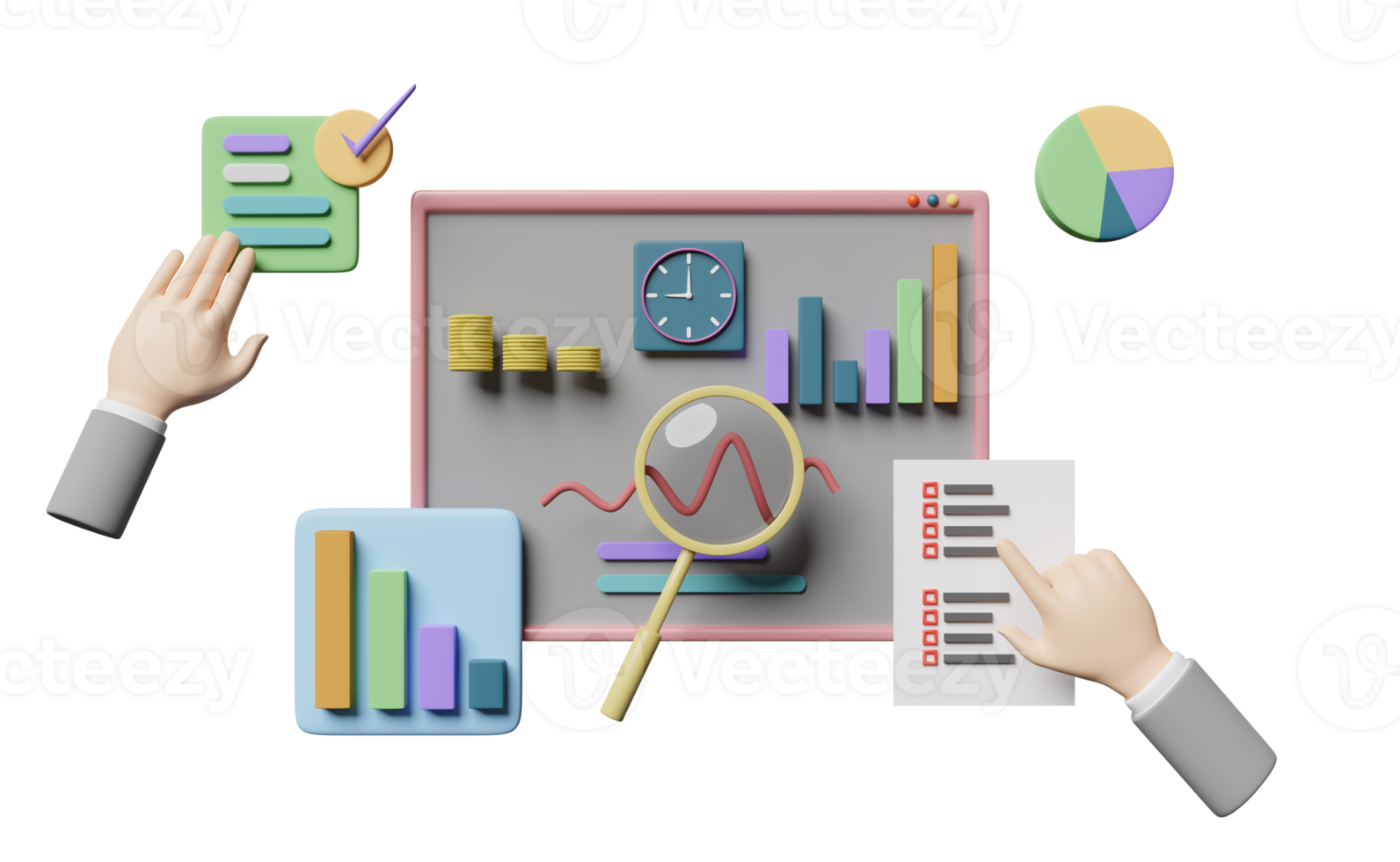 Gráficos 3d y gráficos con mano de hombre de negocios, verificación, análisis de datos financieros comerciales, reloj aislado. concepto de estrategia de negocio de marketing en línea, ilustración de renderizado 3d png