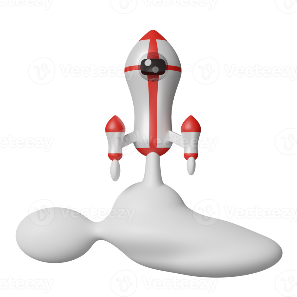 3d red white space ship or rocket launch in smoke isolated. start up template or business concept, 3d render illustration png