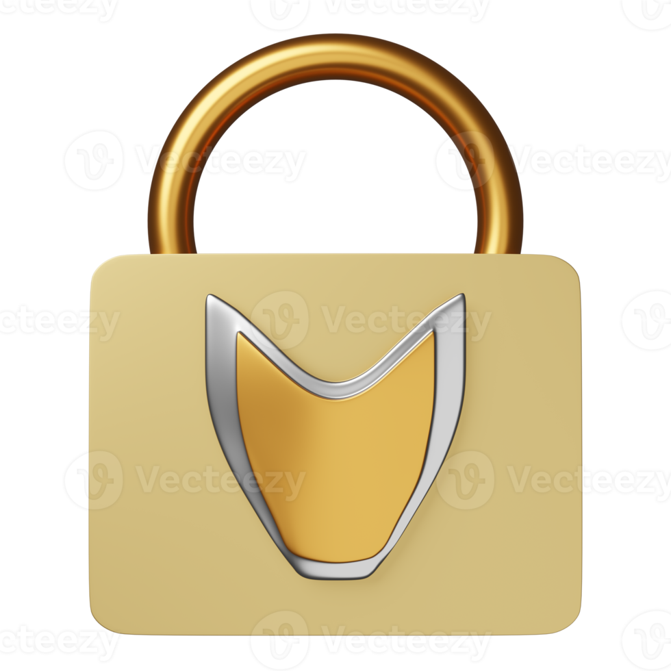 3d gold silver shield with golden lock isolated. Internet security or privacy protection or ransomware protect concept, 3d render illustration png