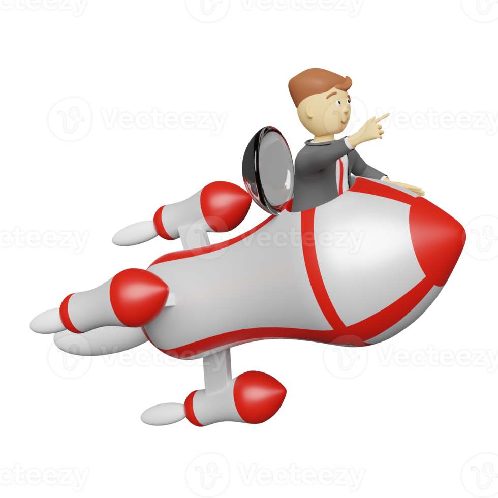 3d Businessman in space ship or rocket isolated. start up template or business concept, 3d render illustration png