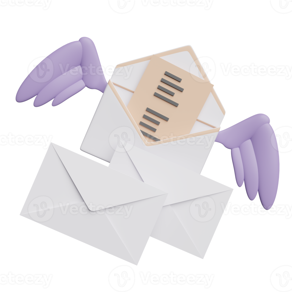 Flying open envelope with wings isolated. notify newsletter, online incoming email concept, 3d illustration or 3d render png