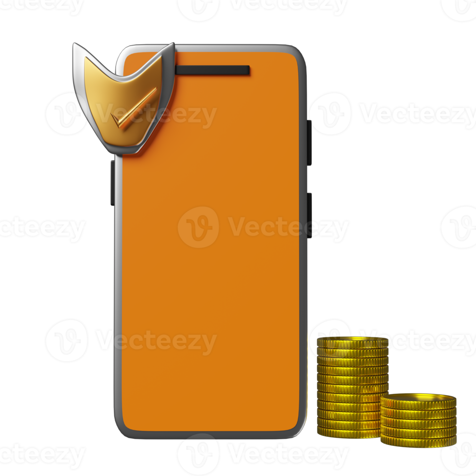 orange mobile phone or smartphone with golden shield check, coins isolated. Internet security or privacy protection or ransomware protect concept, 3d illustration or 3d render png