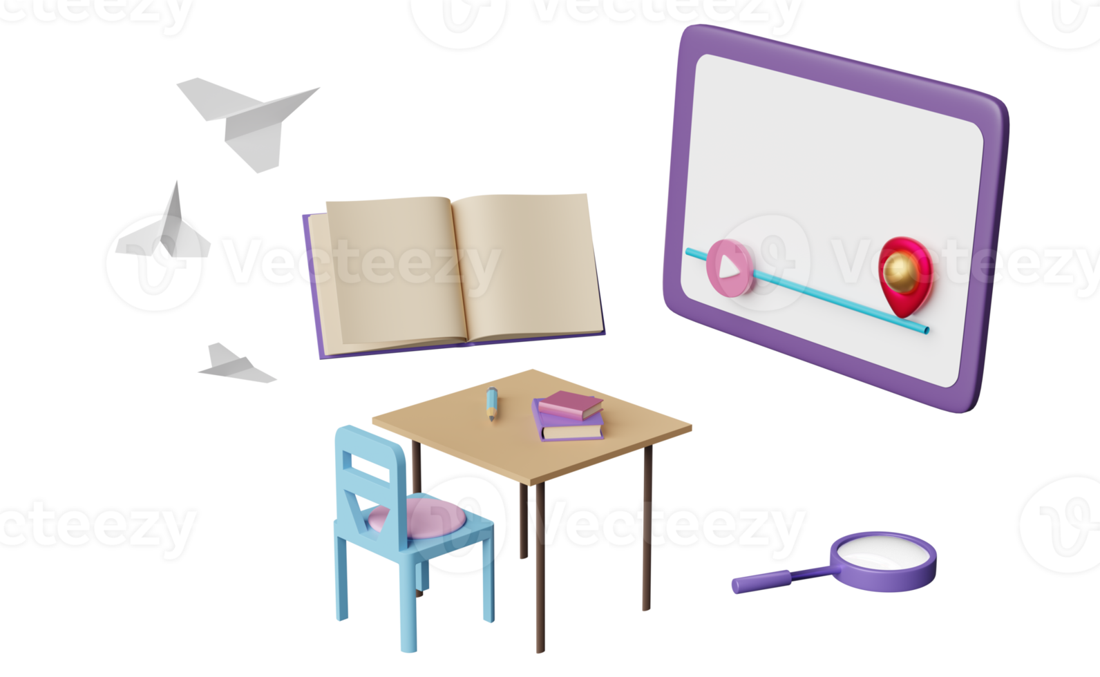 ordinateur portable violet, tablette avec barre de jeu, avion en papier, bureau d'étudiant, chaise, loupe isolée. salle d'éducation innovante en ligne, concept d'apprentissage en ligne, illustration 3d, rendu 3d png