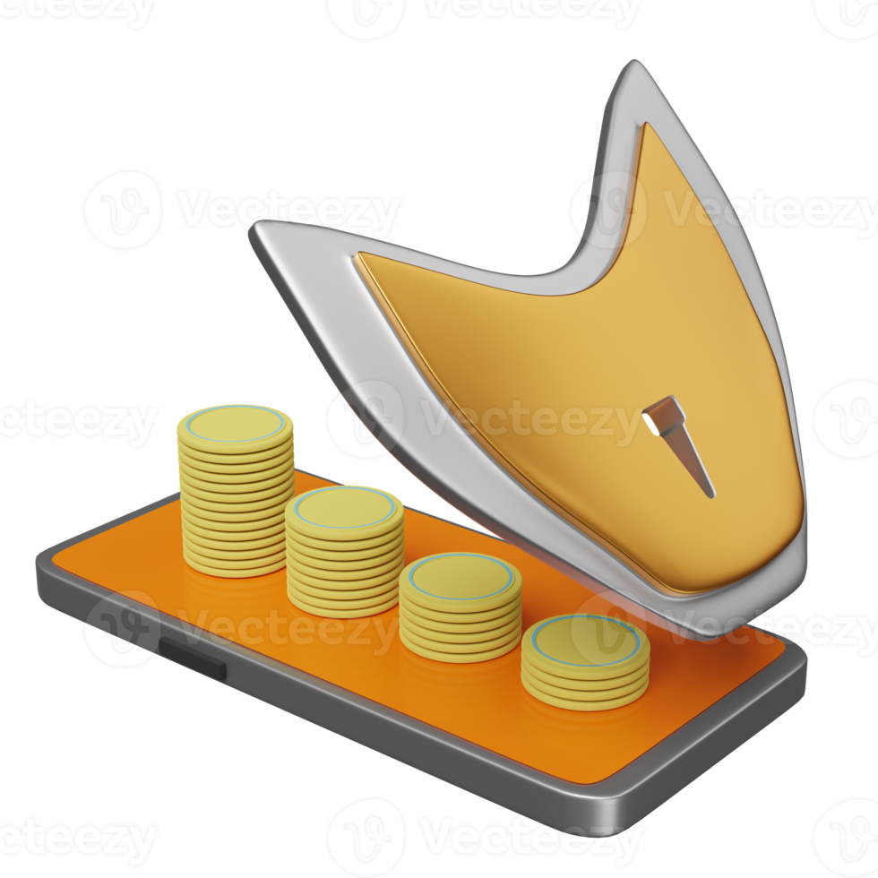 orange mobile phone or smartphone with golden shield, coins isolated. Internet security or privacy protection or ransomware protect concept, 3d illustration or 3d render png