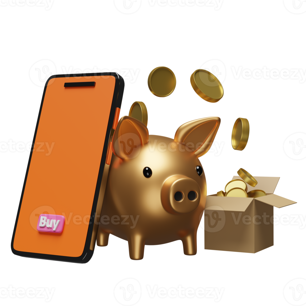 orange mobile phone or smartphone with pile of stacked coin, goods cardboard box, gold piggy bank isolated. online shopping or saving money concept, 3d illustration or 3d render png