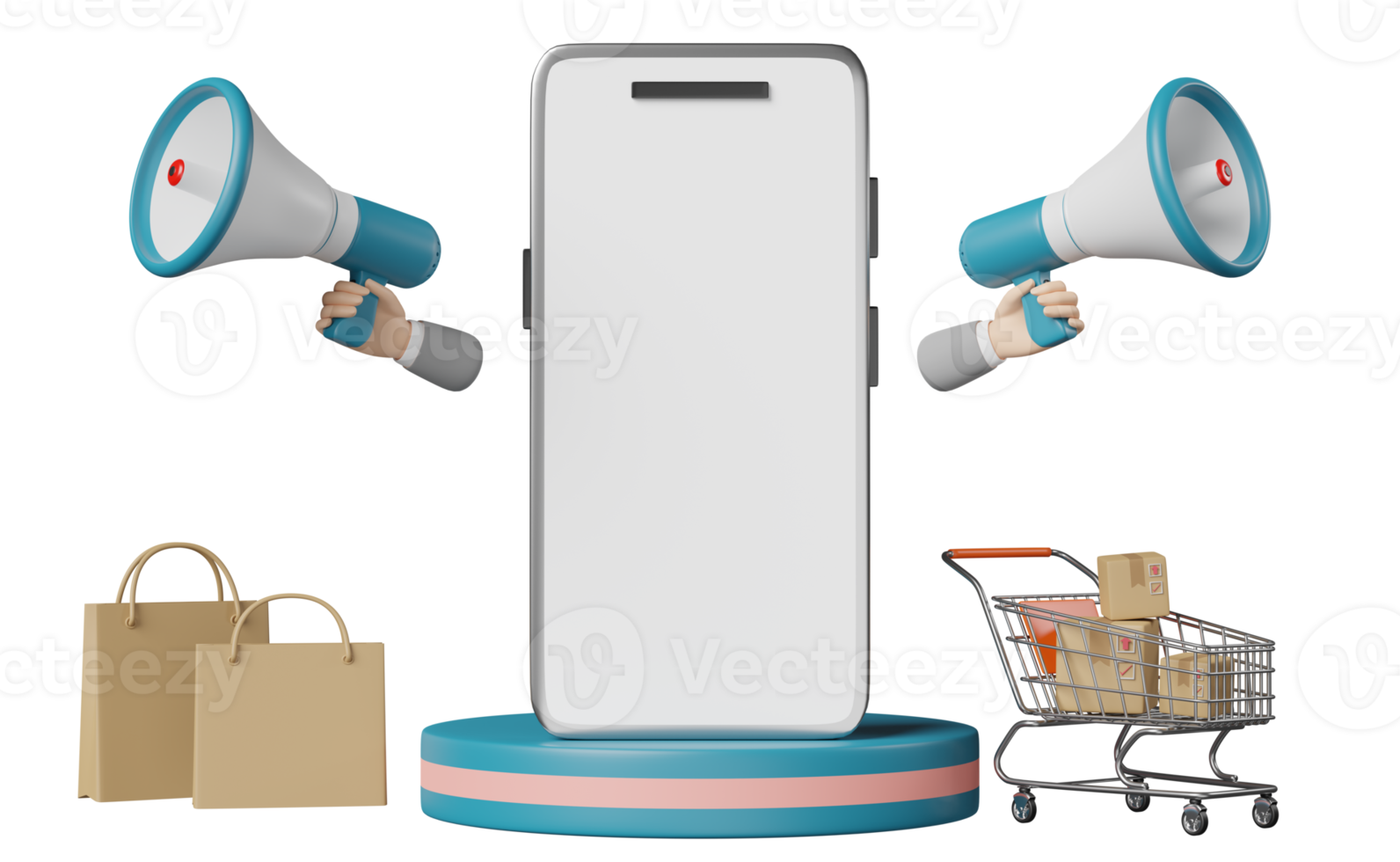 mobile phone, smartphone with blue stage podium, cart, goods cardboard box, shopping paper bag, megaphone, hand speaker isolated. online shopping sale concept, 3d illustration, 3d render png