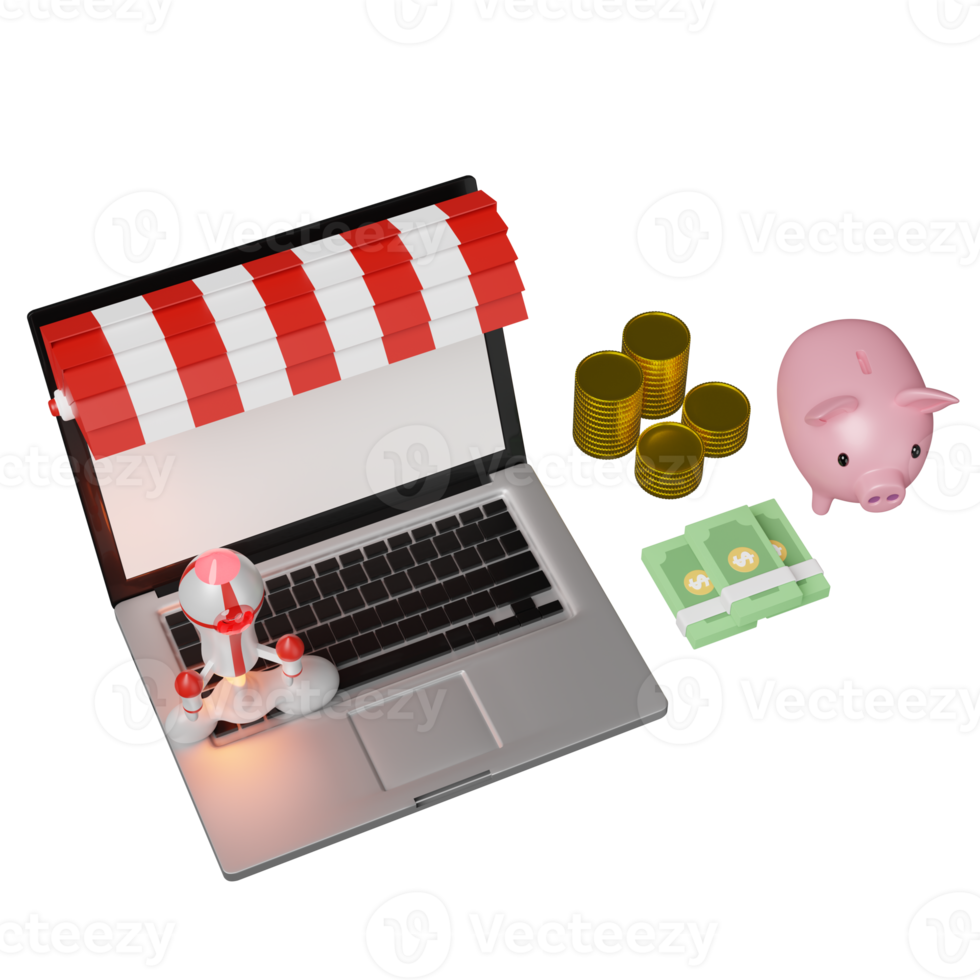 red white space ship or rocket launch in smoke with laptop computer, store front, piggy bank, coins, banknote isolated. start up template, business concept, 3d illustration or 3d render png