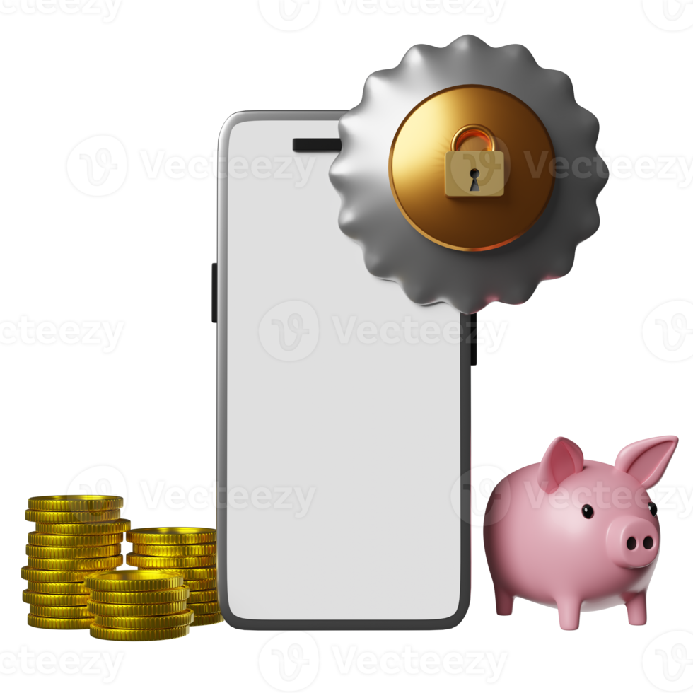 mobile phone,smartphone with shield, golden lock, piggy bank, coins isolated. Internet security or privacy protection or ransomware protect concept, 3d illustration or 3d render png