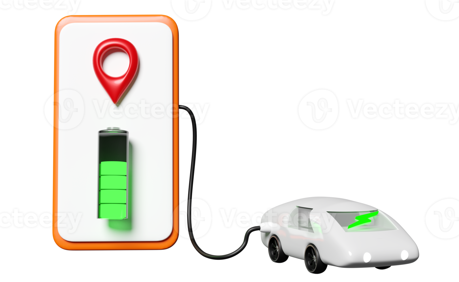 3d elektrisch auto opladen station toepassing met smartphone, pin mobiel telefoon opladen geïsoleerd. accu in rekening brengen indicator, 3d illustratie geven png