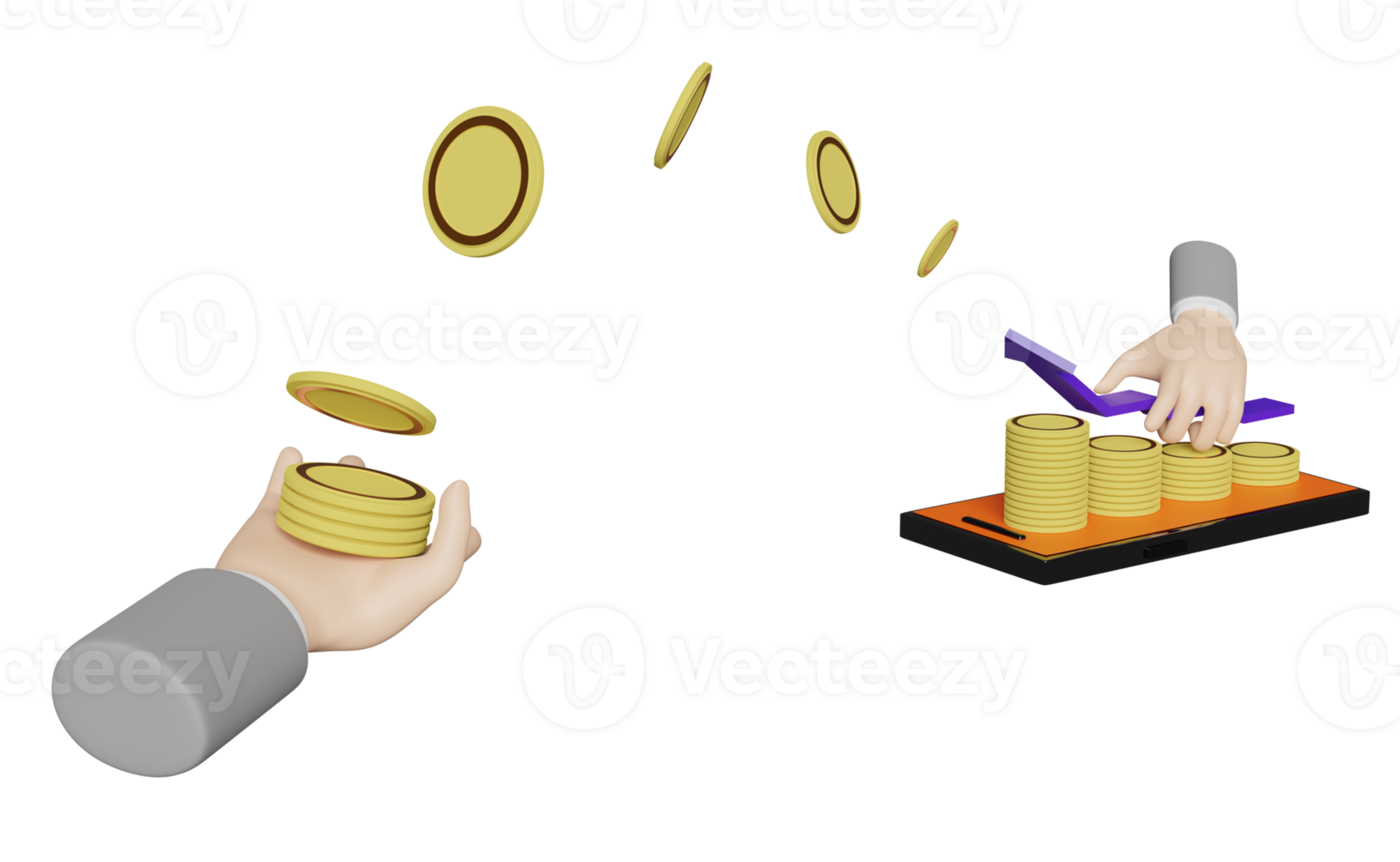 stapeln sie münzen mit orangefarbenem handy, smartphone, pfeil, geschäftsmannhänden, die balkendiagramm lokalisiert halten. finanzieller erfolg, wachstum, geldsparkonzept, 3d-illustration oder 3d-rendering png