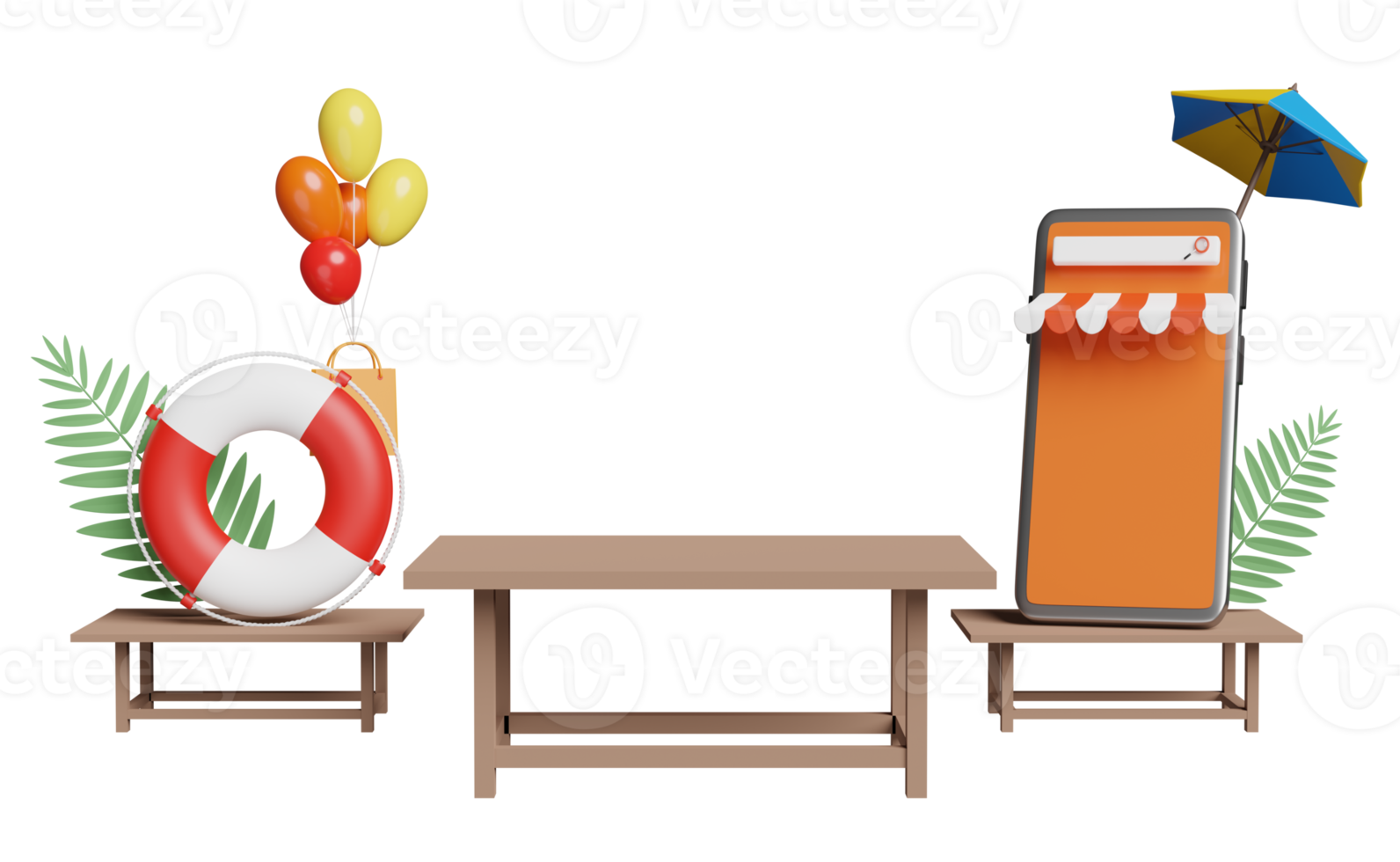 3d wooden table with mobile phone, smartphone store front, umbrella, balloon, palm, shopping paper bags, lifebuoy isolated. online shopping summer sale concept, 3d render illustration png