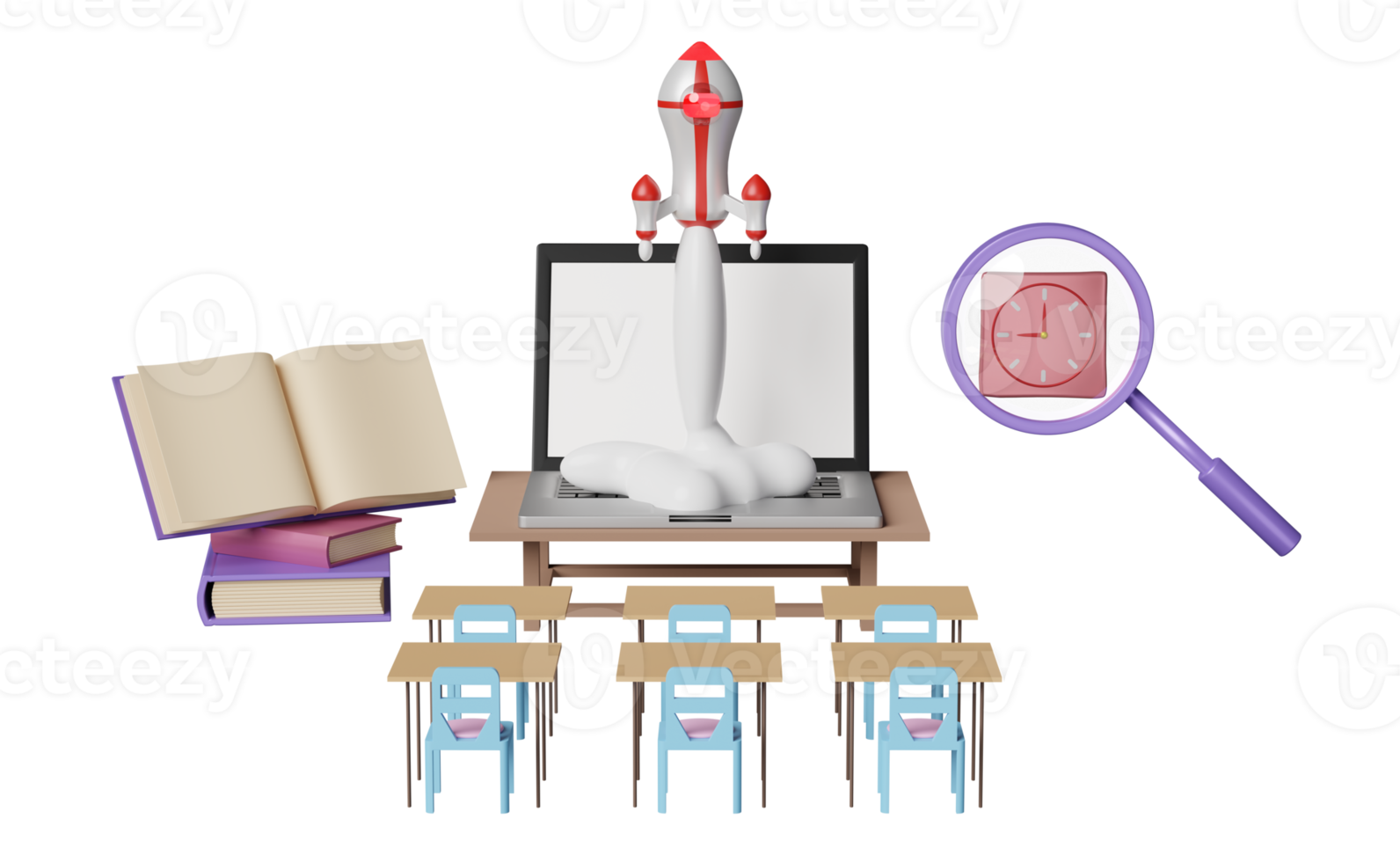 computador portátil com nave espacial, lançamento de foguete, mesa de estudante, cadeira, ampliação, livro aberto, relógio isolado. educação inovadora on-line de sala, conceito de e-learning, ilustração 3d ou renderização 3d png