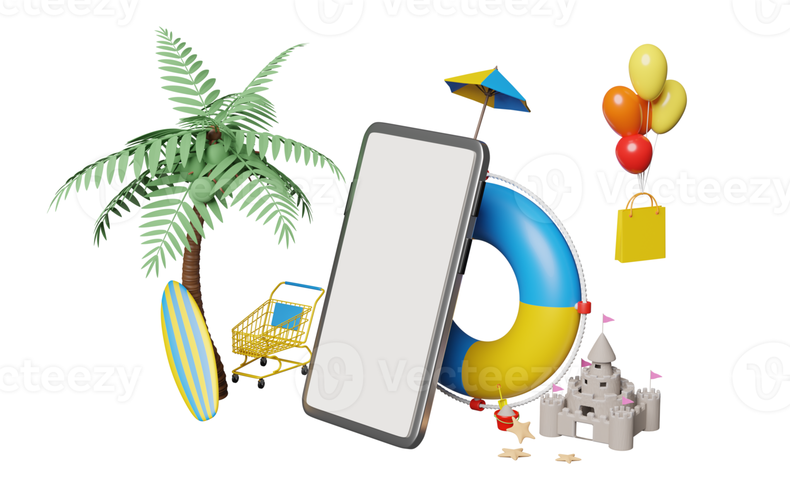 3d mobile phone, smartphone with umbrella, balloon, cart, palm, shopping bags, lifebuoy, surfboard, sand castle isolated. online shopping summer sale concept,  3d render illustration png