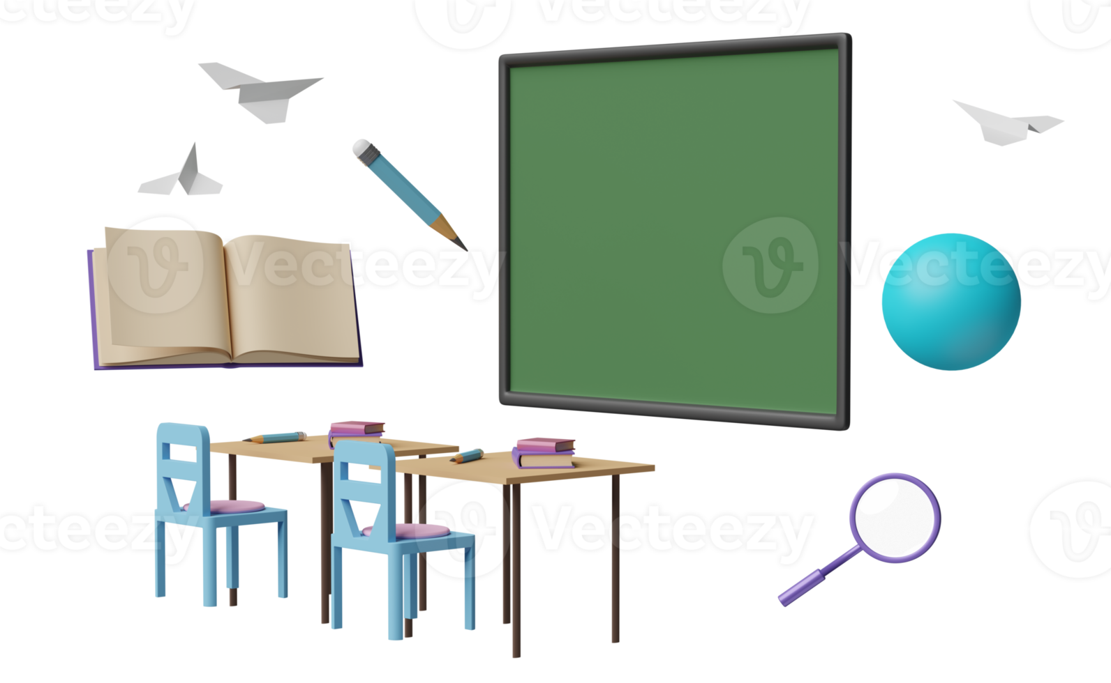 3d groen schoolbord met wereldbol, papier vlak, leerling bureau, stoel, vergroten, Open boek geïsoleerd. kamer online vernieuwend opleiding, e-learning concept, 3d geven illustratie png