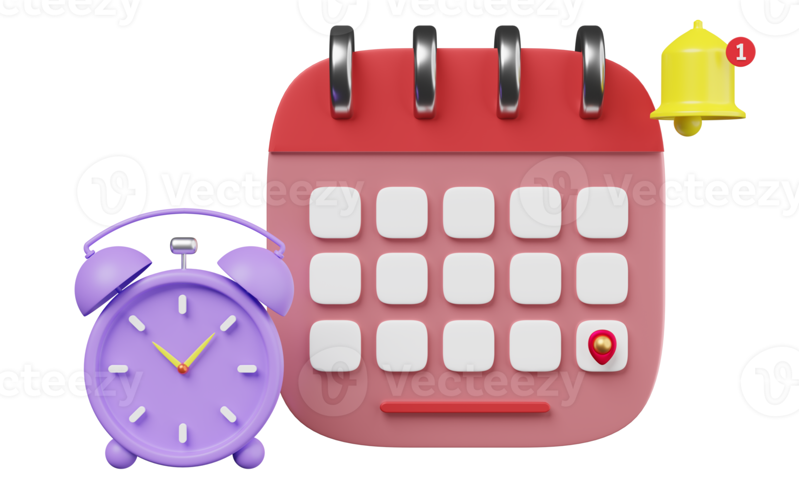 cartoon character purple alarm clock wake-up time morning with red calendar, yellow notification bell isolated. concept 3d illustration or 3d render png