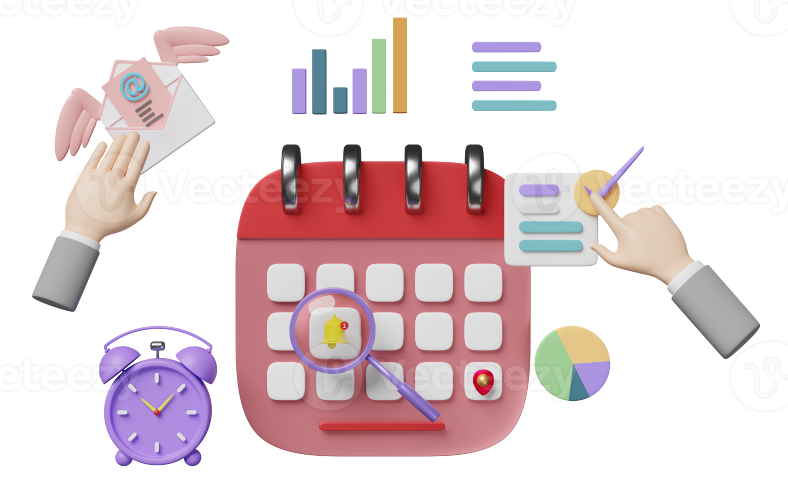 alarm clock with calendar, charts, graph, businessman hand, analysis business financial data, magnifying isolated. online marketing business strategy concept, 3d illustration, 3d render png