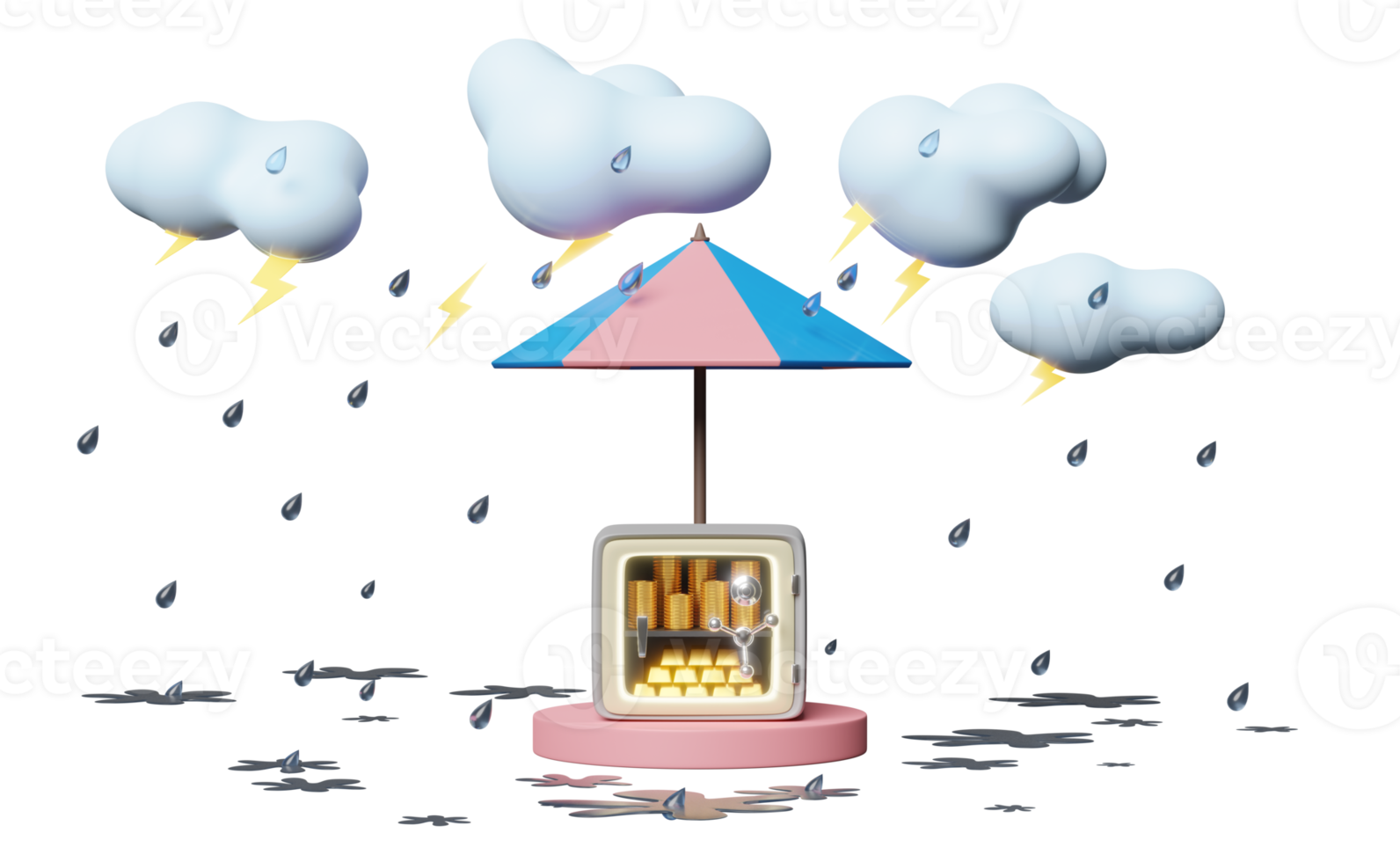 stage podium with safe box ,umbrella, cloud, drop rain water, thunder isolated. protection and security business banking, saving money concept, 3d illustration or 3d render png