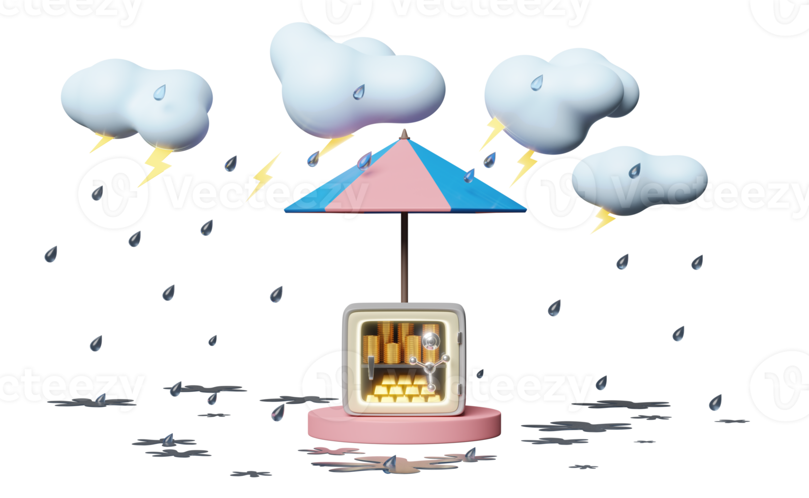 stadium podium met veilig doos ,paraplu, wolk, laten vallen regen water, donder geïsoleerd. bescherming en veiligheid bedrijf bankieren, besparing geld concept, 3d illustratie of 3d geven png