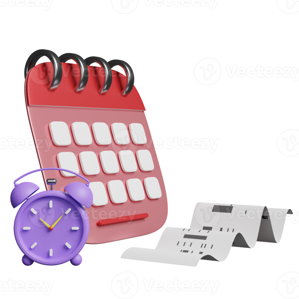 cartoon character alarm clock wake-up time morning with calendar, invoice or paper check receipt, space isolated. concept 3d illustration or 3d render png