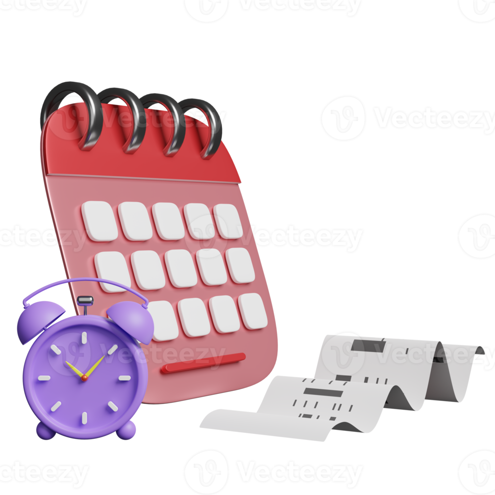 despertador de personaje de dibujos animados hora de despertarse por la mañana con calendario, factura o recibo de cheque en papel, espacio aislado. concepto de ilustración 3d o renderizado 3d png