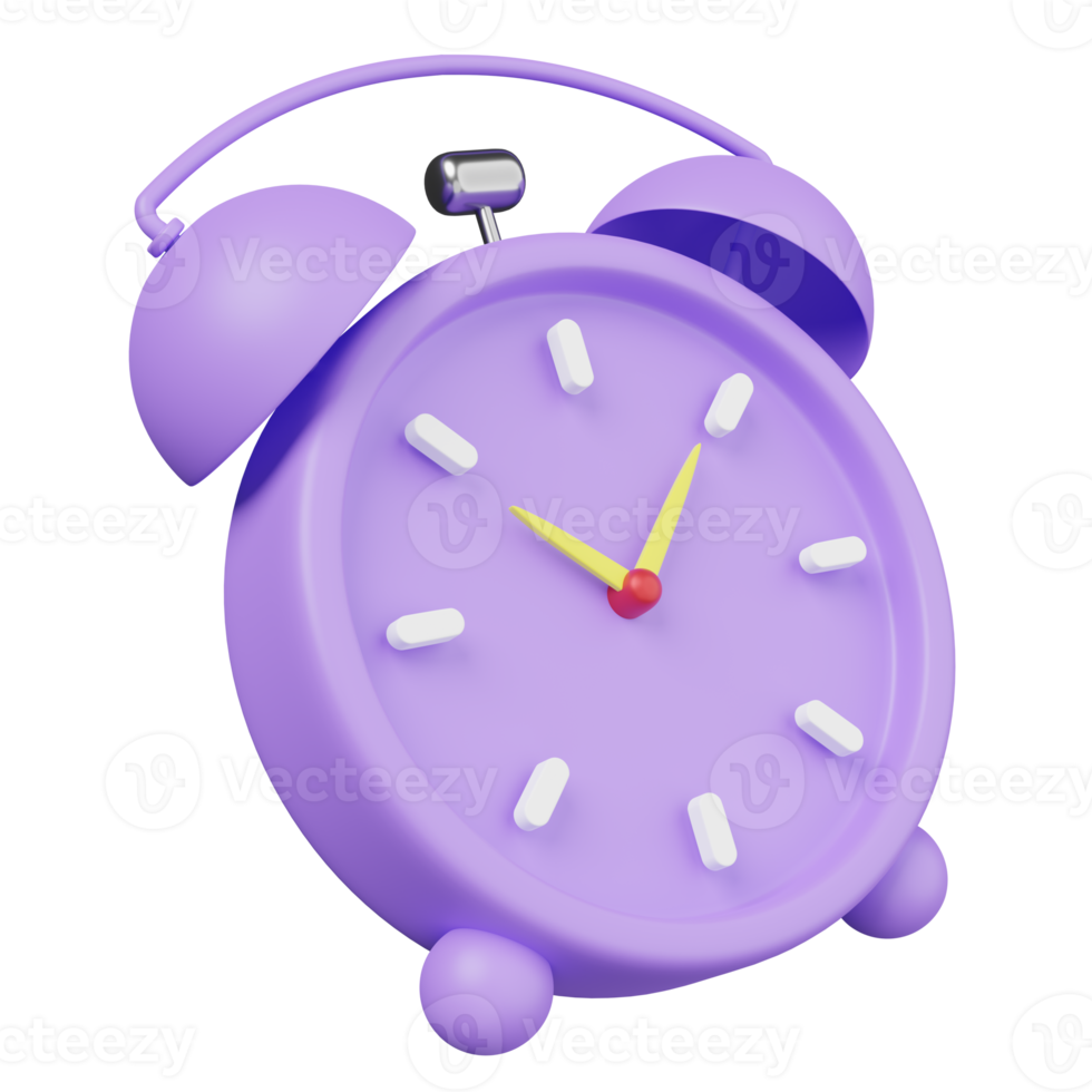 zeichentrickfigur lila oder violett wecker weckzeit morgens mit raum isoliert. konzept 3d-illustration oder 3d-rendering png