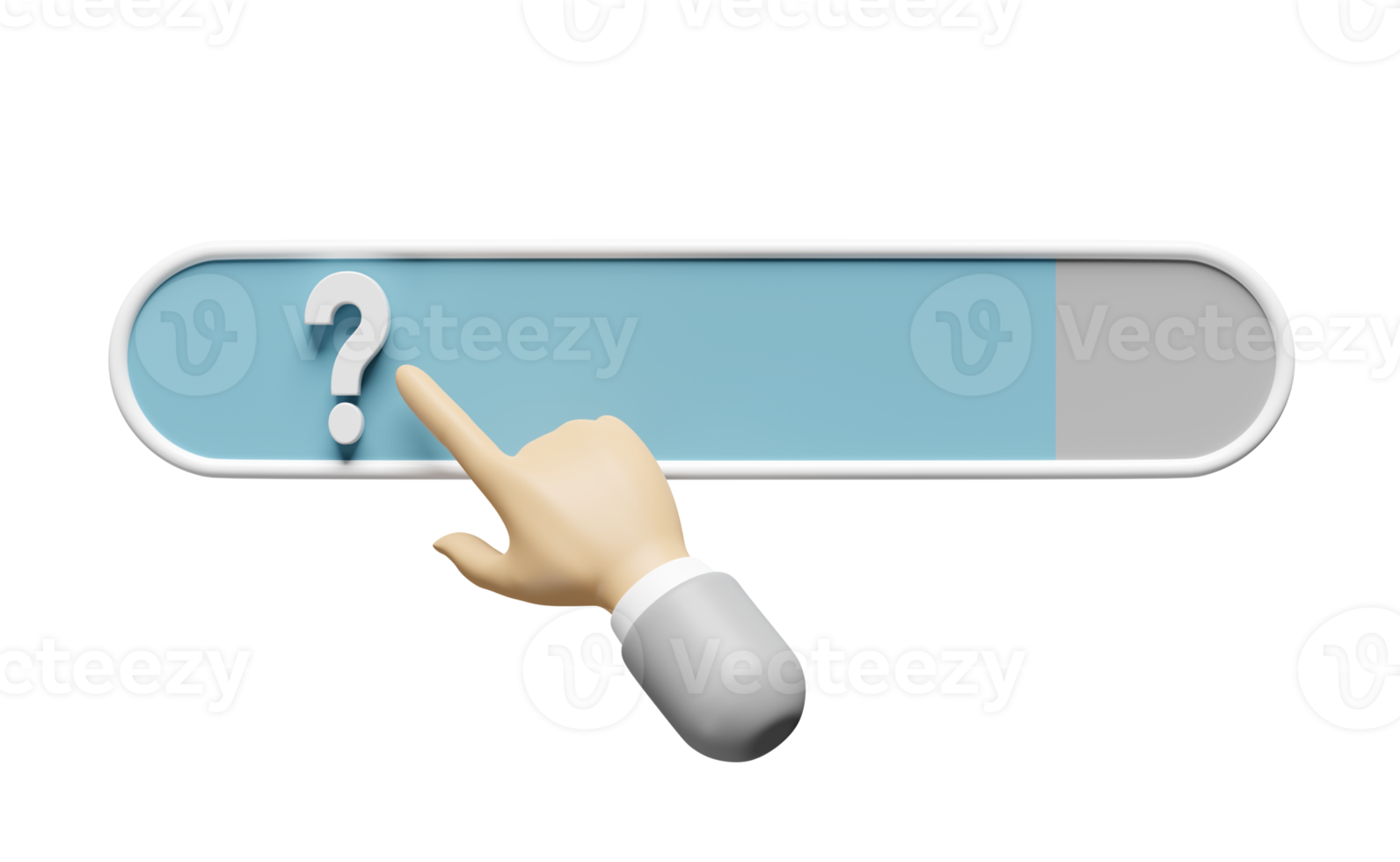 Barra de búsqueda 3d con dedo, hombre de negocios de mano, símbolo de interrogación aislado. motor de búsqueda web, navegación web, faq, concepto de preguntas frecuentes, ilustración de presentación 3d, png