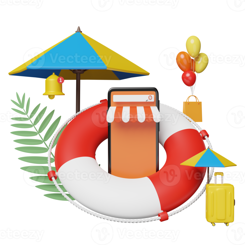 3d mobile phone, smartphone store front with umbrella, balloon, palm, shopping paper bags, lifebuoy isolated. online shopping summer sale concept, 3d render illustration png