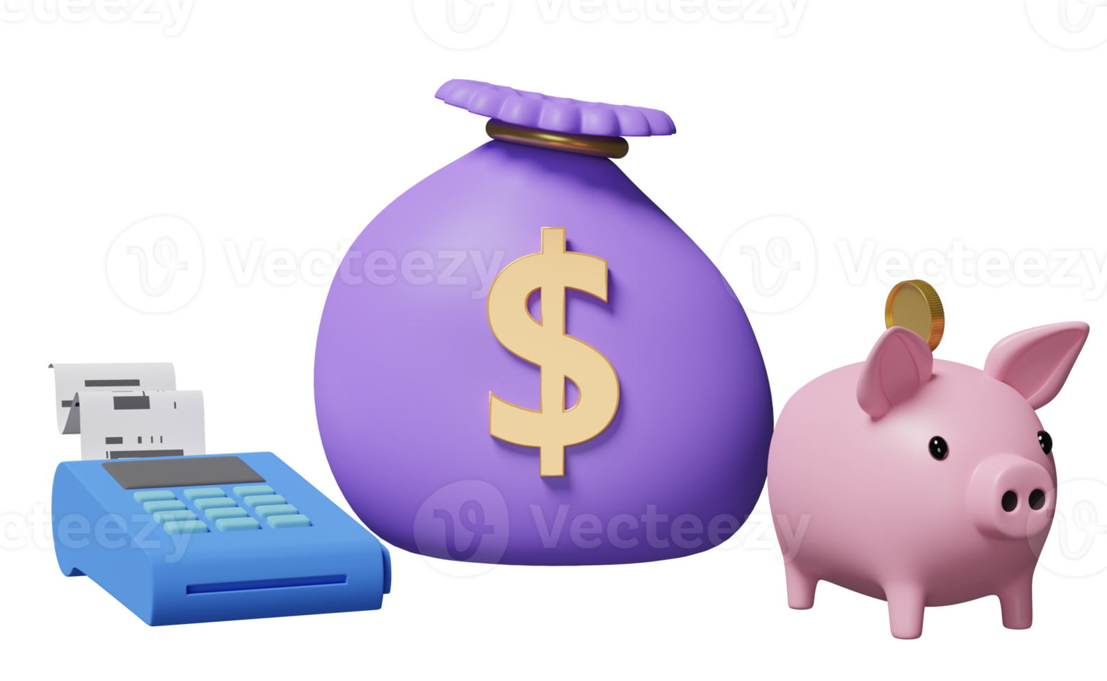 payment machine or pos terminal with electronic bill payment,piggy bank, invoice or paper check receipt, money bag isolated. saving money concept, 3d illustration or 3d render png