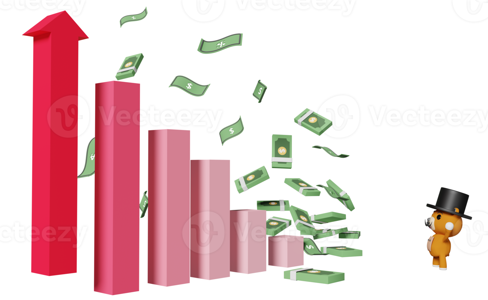 pile dollar banknote with arrow, bar graph, teddy bear isolated. financial success and growth or saving money concept, 3d illustration or 3d render png