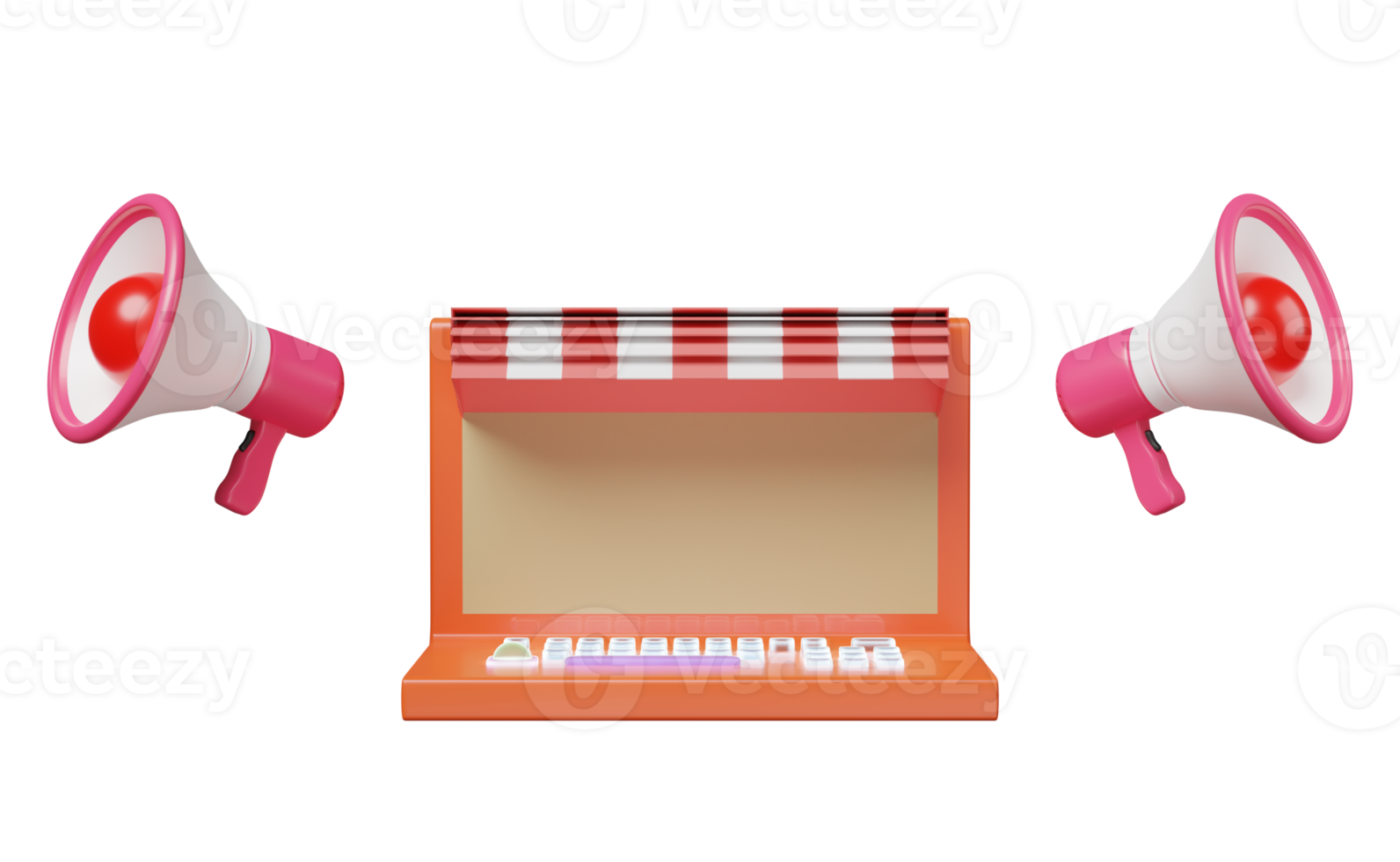 laptop computer with megaphone, hand speaker isolated. online shopping, website promotion banners, online alerting concept, 3d illustration or 3d render png