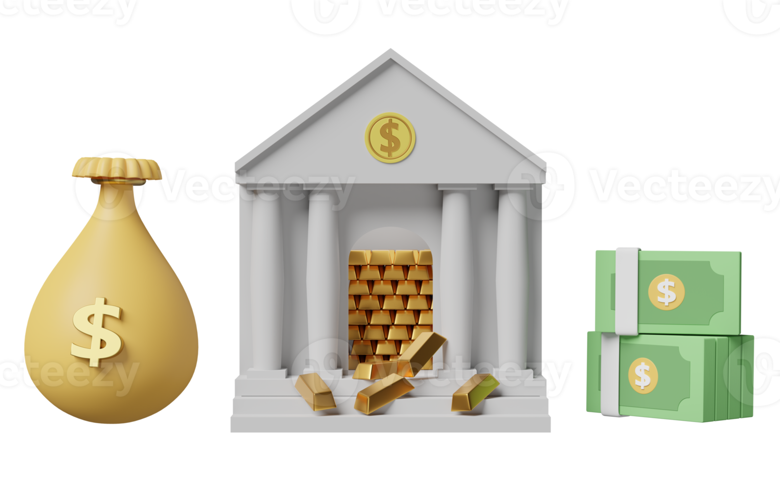 banque ou immeuble de bureaux fiscaux avec sac d'argent en lingot d'or, pile de billets en dollars isolé. financement bancaire, concept d'échange d'argent, illustration 3d ou rendu 3d png