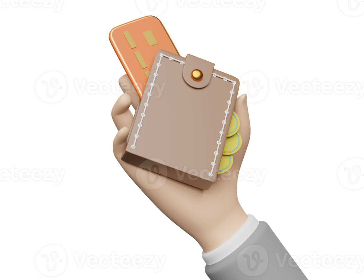 businessman hands holding wallet with credit card, coins isolated. saving money concept, 3d illustration or 3d render png