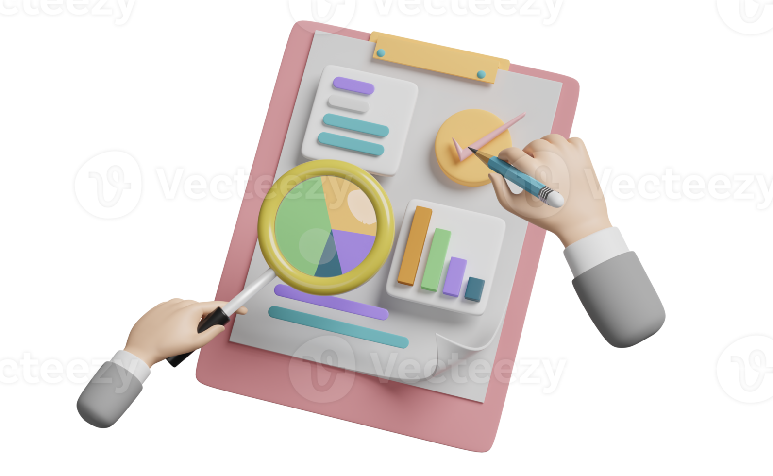 graphiques, graphique avec analyse des données financières de l'entreprise, liste de contrôle du presse-papiers blanc, loupe, mains tenant un crayon isolé. concept de stratégie d'entreprise, illustration 3d ou rendu 3d png