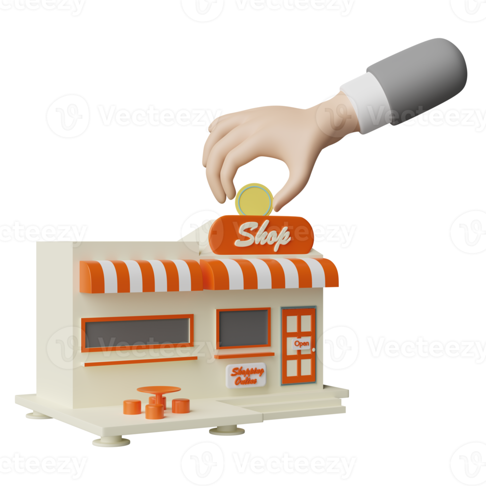 building shop store front with businessman hands holding coin, coffee table isolated. startup franchise business, saving money, business growth concept, 3d illustration, 3d render png