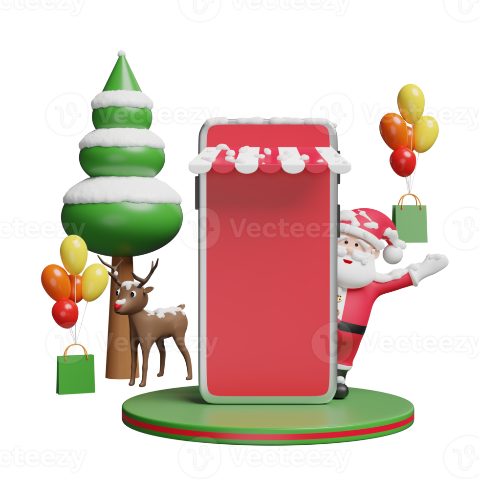 mobile phone or smartphone and podium with store front, Santa claus, christmas tree, reindeer isolated. online shopping, website, banner, festive new year, 3d illustration, 3d render png