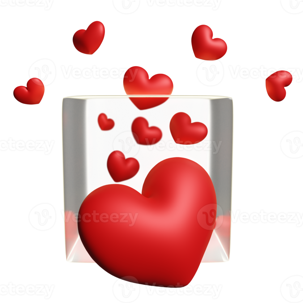 caja de cristal de donación con corazón rojo aislado. donar concepto de sangre, ilustración 3d o presentación 3d png