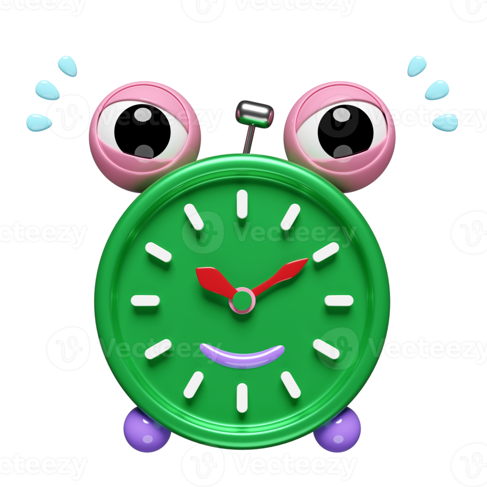 cartoon character green alarm clock wake-up time morning isolated. concept 3d illustration or 3d render png