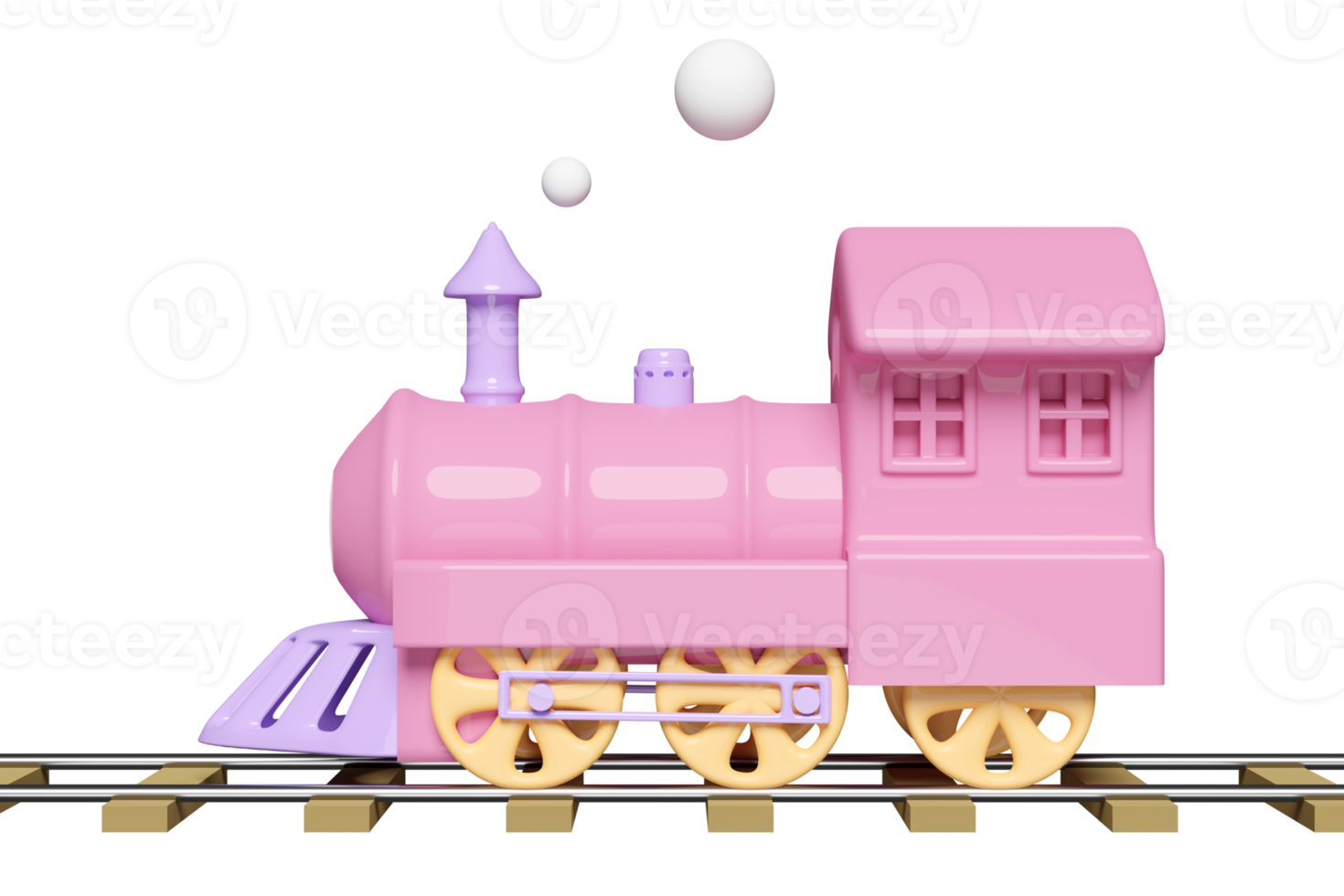 3d locomotief met spoorweg sporen, stoom- trein vervoer speelgoed, zomer reizen onderhoud, planning reiziger toerisme trein geïsoleerd. kant visie, 3d geven illustratie png