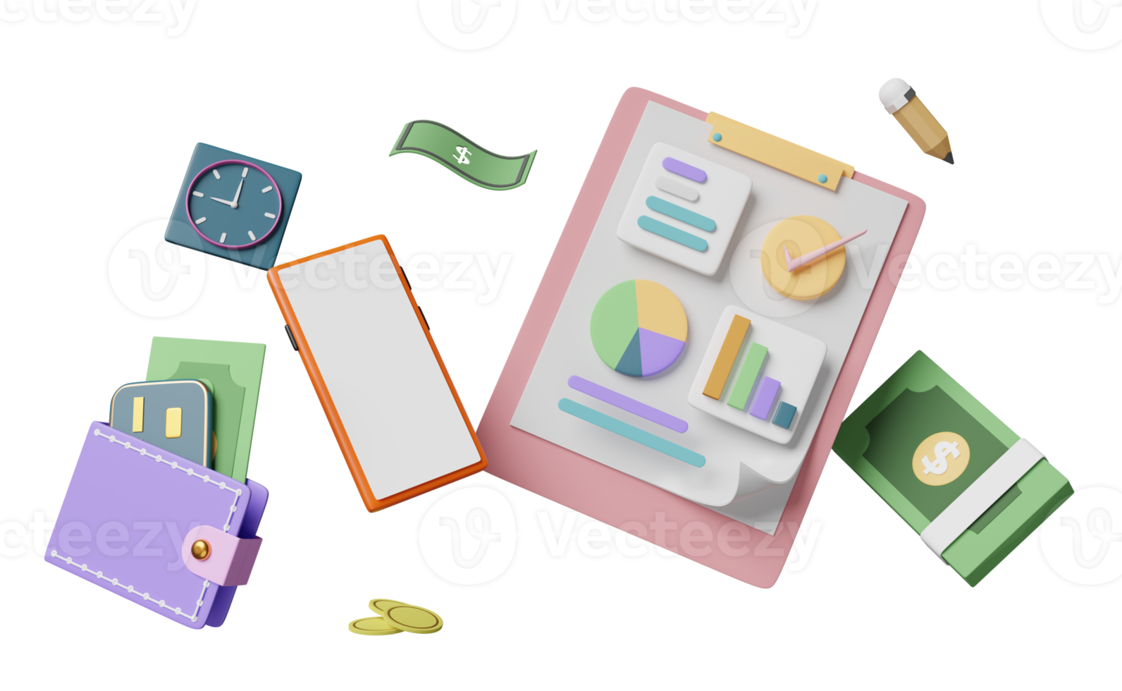 gráficos, gráfico com análise de dados financeiros de negócios, lista de verificação de área de transferência branca, smartphone, carteira, cartão de crédito, notas isoladas. conceito de estratégia de negócios, ilustração 3d, renderização 3d png