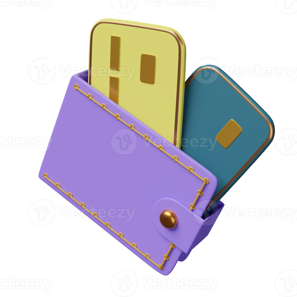 lila plånbok med kreditera kort, sparande pengar begrepp isolerat. 3d illustration eller 3d framställa png