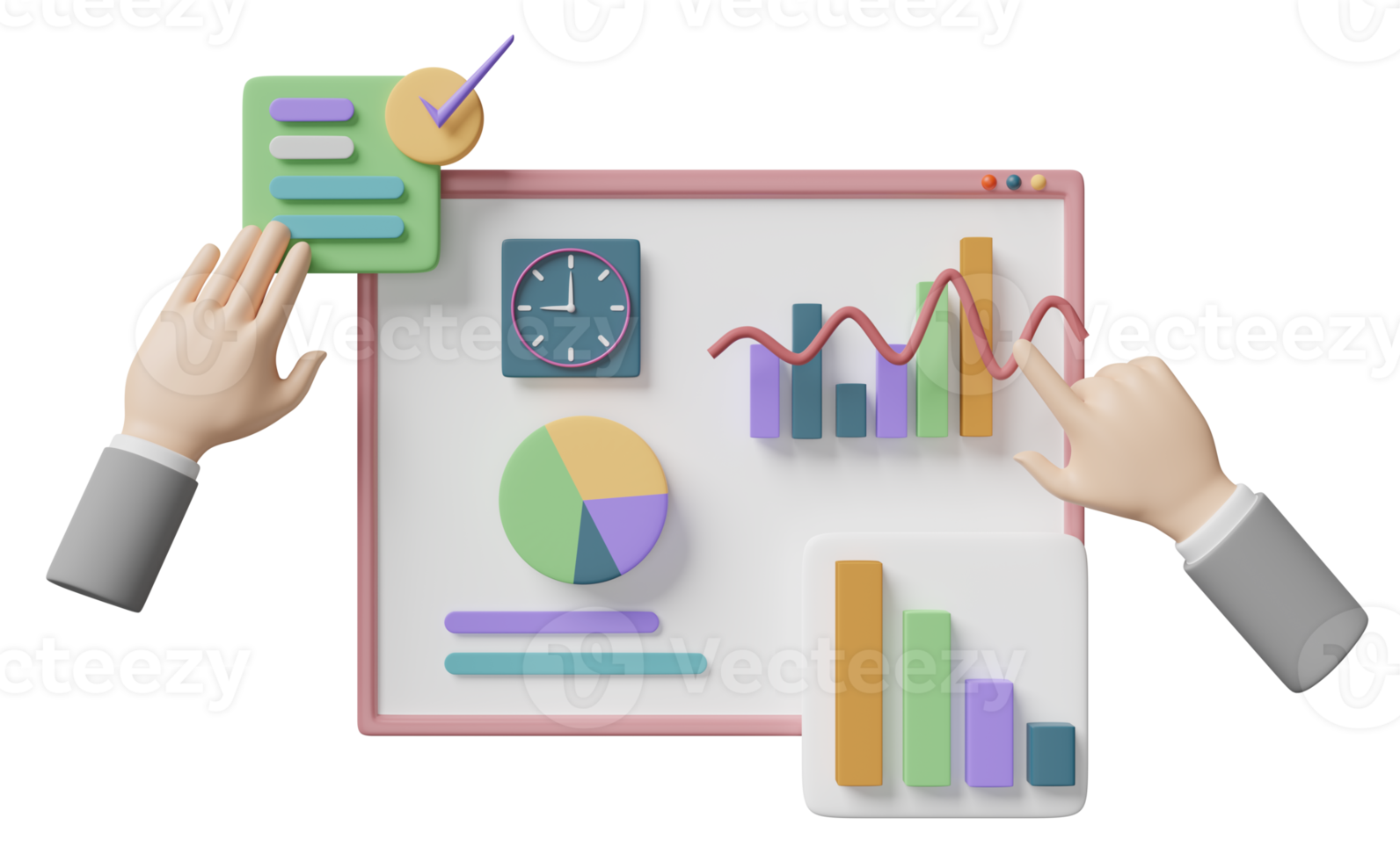 Diagramme 3d und Diagramm mit der Hand des Geschäftsmannes, Kontrolle, Finanzdaten des Analysegeschäfts, Uhr lokalisiert. Online-Marketing-Geschäftsstrategiekonzept, 3D-Darstellung png