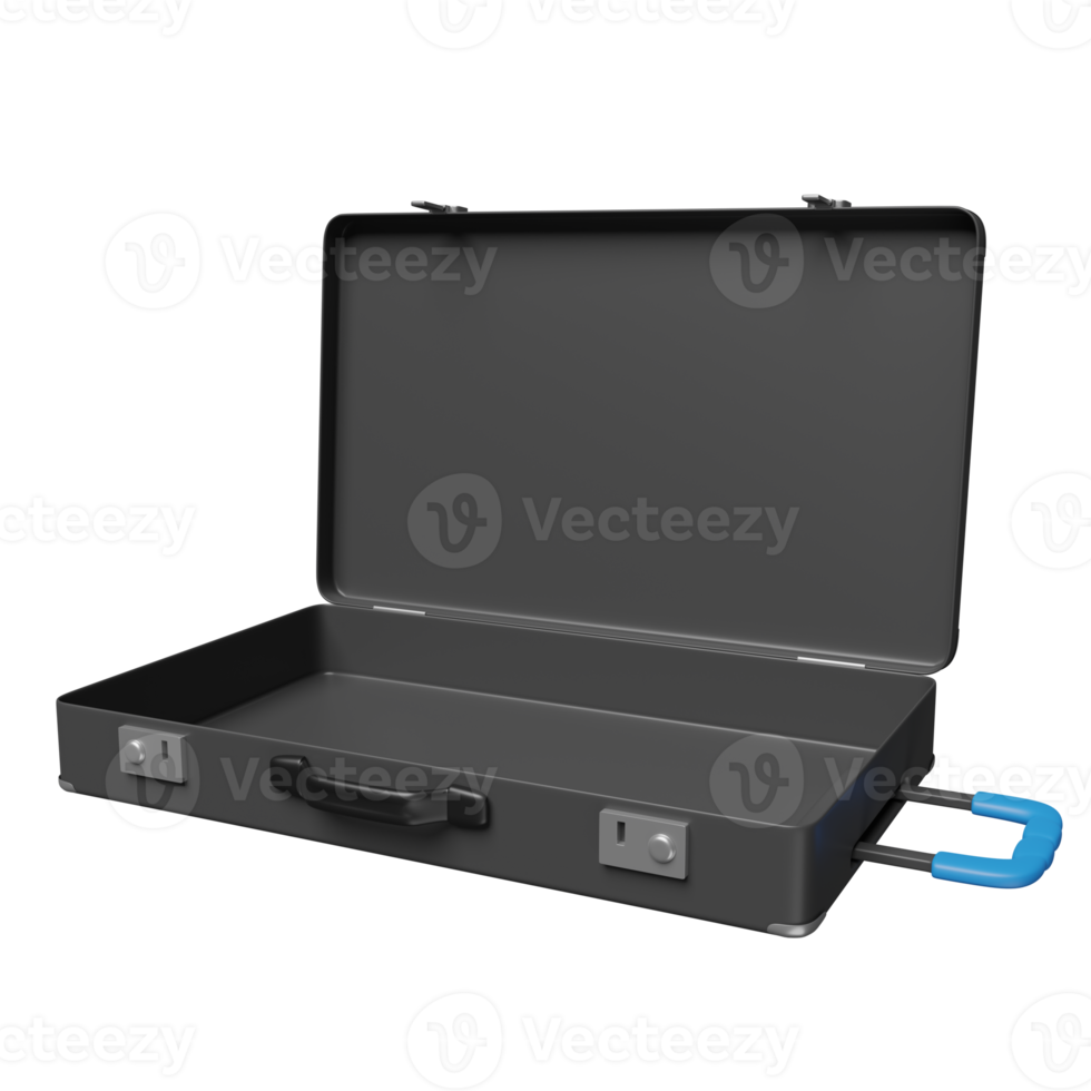 maletín negro vacío 3d aislado. concepto de inversión o financiación empresarial, ilustración 3d png
