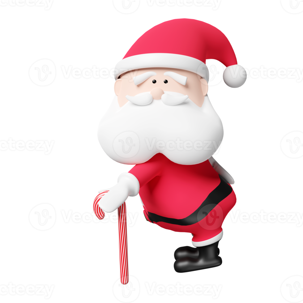 character santa Claus holding Xmas candy cane stick isolated ,website, poster or Happiness cards, Christmas banner, festive New Year, 3d illustration render png