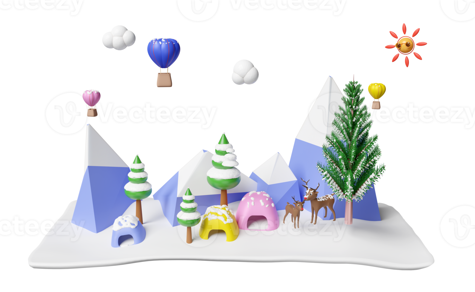 viagem de inverno com montanhas cobertas de neve, nuvem, árvore de natal, veado, balão de ar quente, sol, tenda isolada. ilustração 3d do conceito ou renderização em 3d png