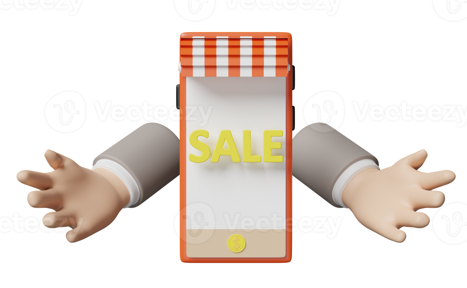 Geschäftsmannhände mit orangefarbenem Handy, Smartphone-Ladenfront, Verkaufsetikett isoliert. online-shopping-konzept, 3d-illustration oder 3d-rendering png