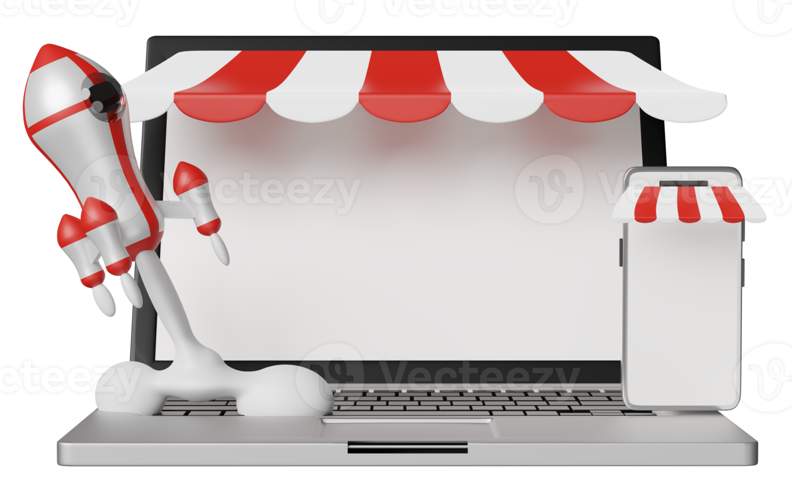 3d red white space ship or rocket launch in smoke with laptop computer, mobile phone, smartphone store front isolated. start up template or business concept, 3d render illustration png