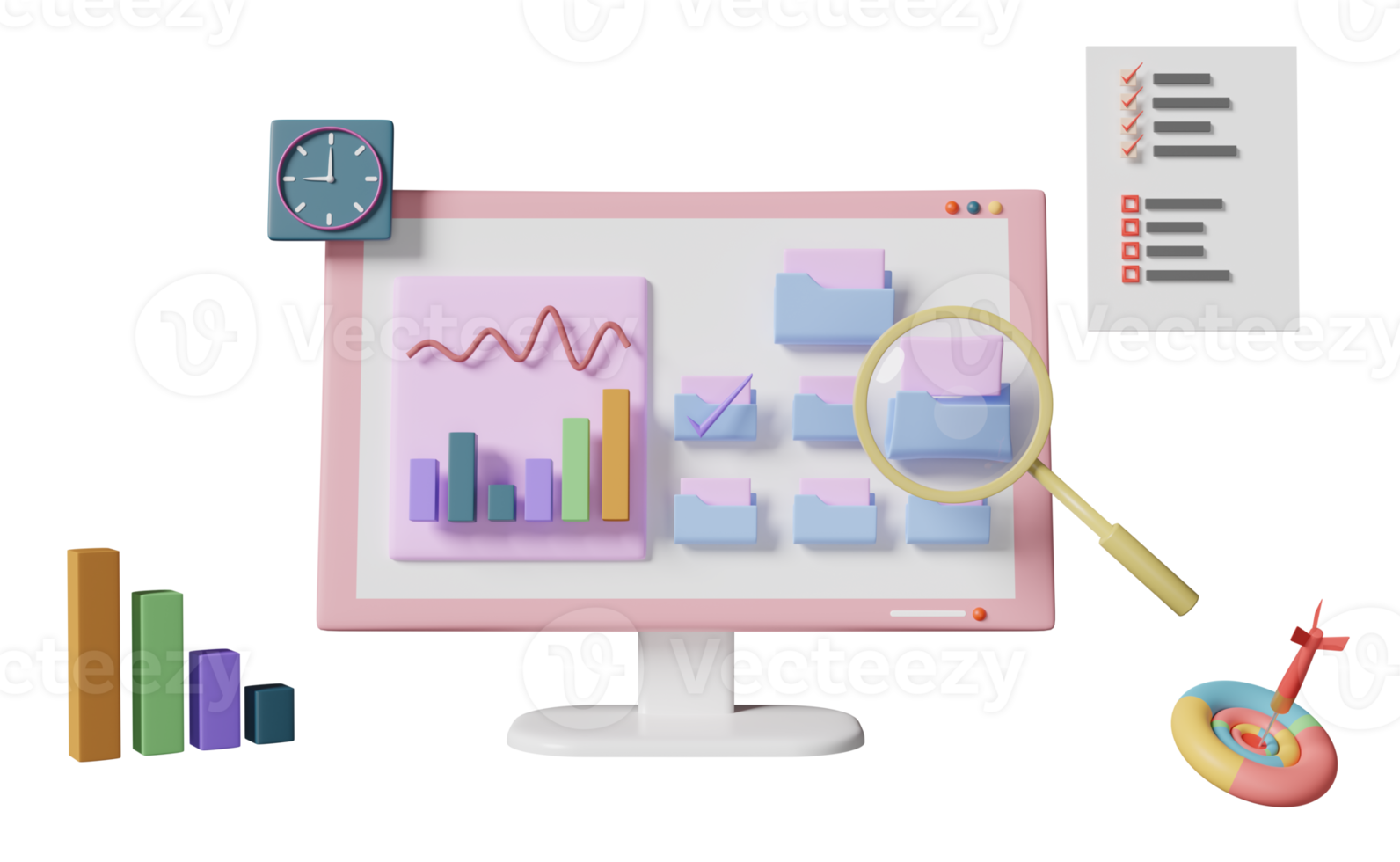 3d computer with charts graph, analysis business financial data, target, darts, magnifying glass, folder isolated. Online marketing, business strategy concept, 3d render illustration png